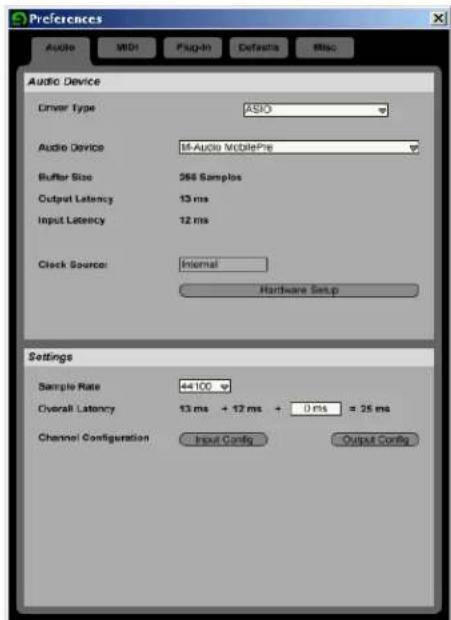 Preferences Audio Mode Audio Device Driver Type: ASIO Audio Device: 16-Audio MobilePie Buffer Size: 268 Samples Output Latency: 13 ms Input Latency: 12 ms Clock Source: Internal Hardware Setup Settings Sample Rate: 44100 Overall Latency: 13 ms + 12 ms + 0 ms = 25 ms Channel Configuration: Input Config Output Config