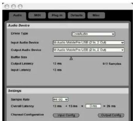 Audio MIDI Plug-in Defaults Misc Audio Device Driver Type CoreAudio Input Audio Device U-Audio MobilePre USB (2 In, 2 Out) Output Audio Device U-Audio MobilePre USB (2 In, 2 Out) Buffer Size 13 ms 512 Samples Output Latency 13 ms Settings Sample Rate 44.00 Overall Latency 12 ms + 13 ms + 0 ms = 26 ms Channel Configuration Input Config Output Config
