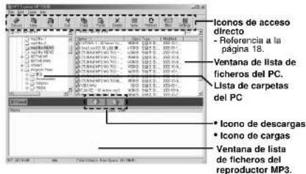 Iconos de acceso directo • Referencia a la página 18. Ventana de lista de ficheros del PC. Lista de carpetas del PC • Icono de descargas • Icono de cargas Ventana de lista de ficheros del reproductor MP3.