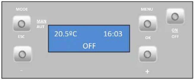 MODE MAN AUT ESC 20.5°C 16:03 OFF MENU OK ON OFF +
