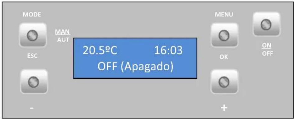 MODE MAN AUT ESC 20.5°C 16:03 OFF (Apagado) MENU OK ON OFF +