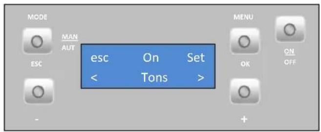 MODE MAN AUT ESC esc On Set < Tons > MENU OK ON OFF - +