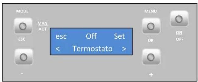 MODE MAN AUT ESC esc Off Set < Termostato > MENU OK ON OFF +