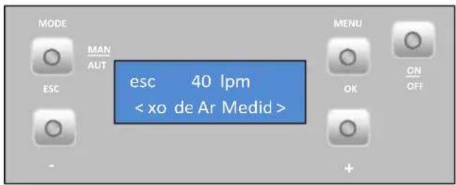 MODE MAN AUT ESC esc 40 lpm < xo de Ar Medid > MENU OK ON OFF +