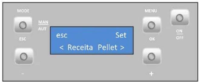 MODE MAN AUT ESC esc Set < Receita Pellet > MENU OK ON OFF +
