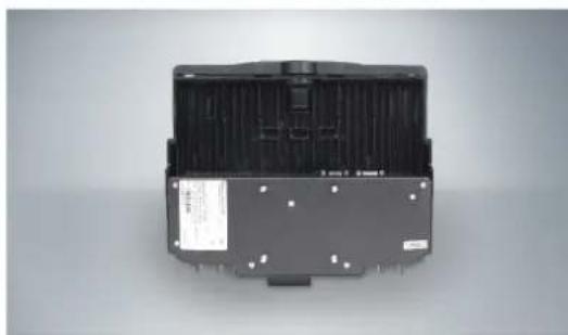 Front view of a black electronic device casing with visible internal components and mounting holes (no text or symbols)