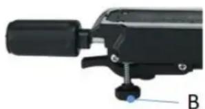 Close-up of a mechanical device with a blue component labeled B, no visible text or symbols