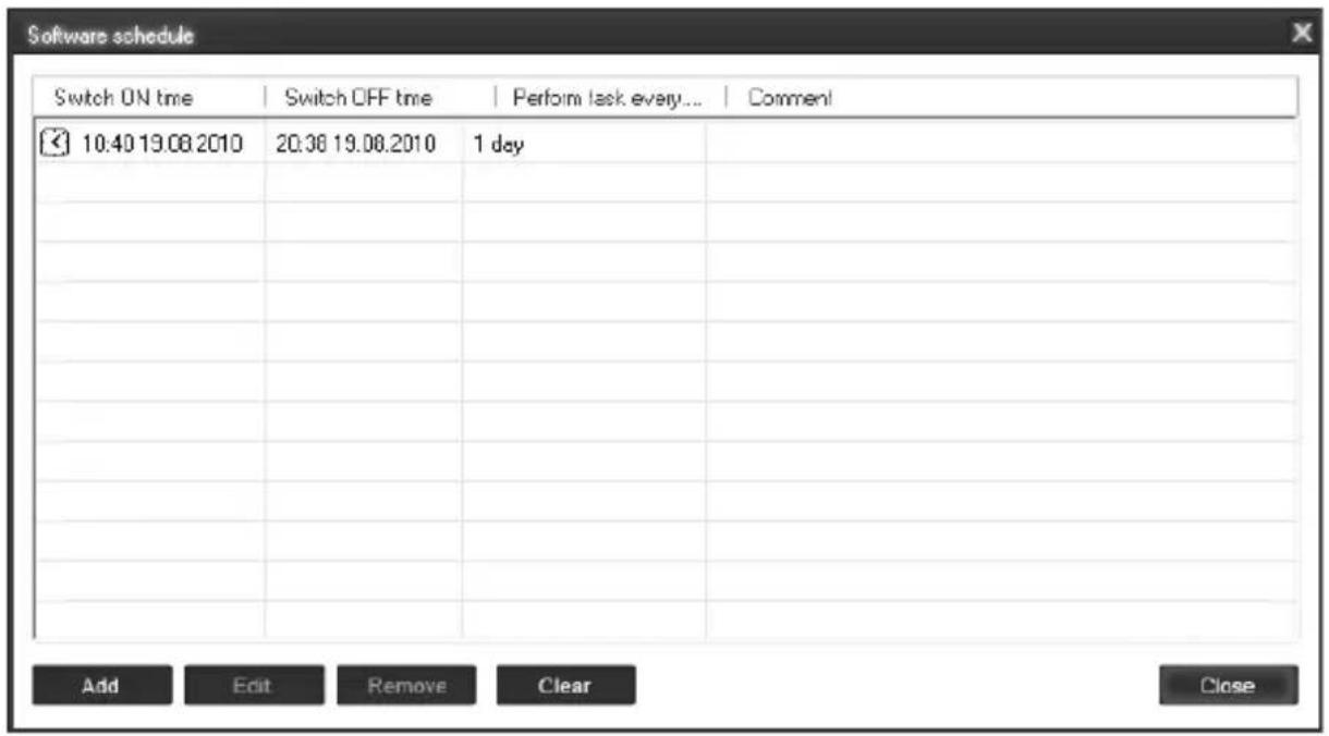 Software schedule Switch ON time | Switch OFF time | Perform task every... | Comment 10:40 19.08.2010 20:36 19.08.2010 1 day Add Edit Remove Clear Close