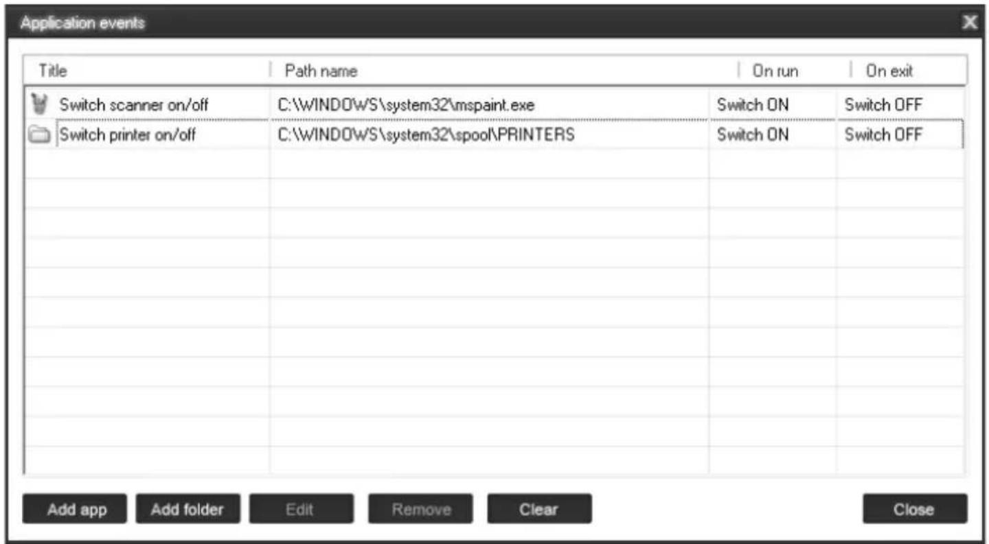 Application events Title Path name On run On exit Switch scanner on/off C:\WINDOWS\system32\mspaint.exe Switch ON Switch OFF Switch printer on/off C:\WINDOWS\system32\spool\PRINTERS Switch ON Switch OFF Add app Add folder Edit Remove Clear Close