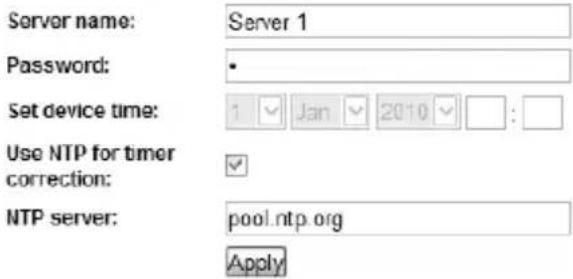 Server name: Server 1 Password: Set device time: 1 Jan 2010 : Use NTP for timer correction: NTP server: pool.ntp.org Apply