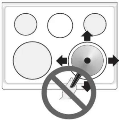 Warning sign with circular shapes and a prohibition symbol, indicating no liability or caution against the device.