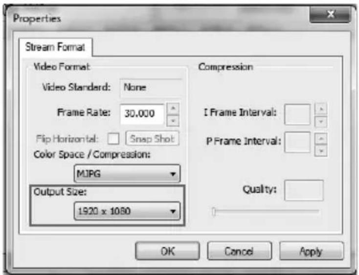 Properties Stream Format Video Format Video Standard: None Frame Rate: 30,000 Flip Horizontal: Snap Shot Color Space / Compression: MJPEG Output Size: 1920 x 1080 Compression I Frame Interval: P Frame Interval: Quality: OK Cancel Apply