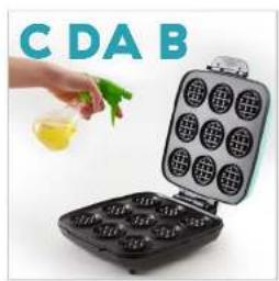Illustration of a waffle grater with a hand spraying yellow liquid, next to a 3D-printed waffle (no text or symbols)