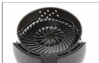 Close-up of a black air fryer with a circular fan blade and ventilation grille (no text or symbols visible)