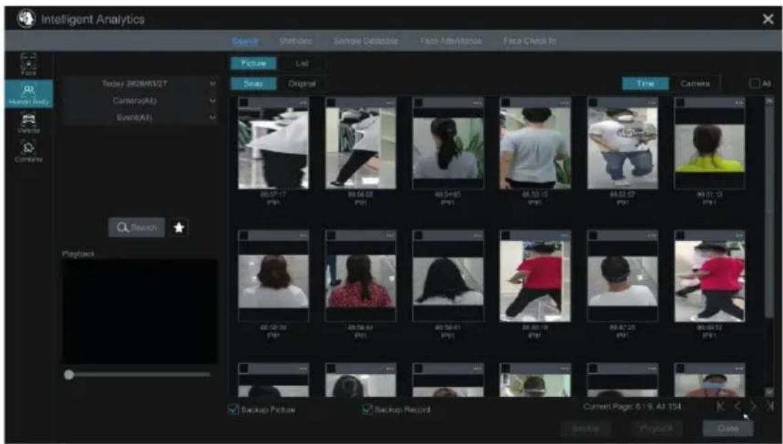 Intelligent Analytics Open Shutdown Simple Declose Face Activity Face Check In Picture List Today 28/09/27 Camera(Alt) Event(Alt) Snap Original Time Camera All Search Playback Backup Picture Backup Record Current Page: 0:19, Alt 154 Samoa Playback Close