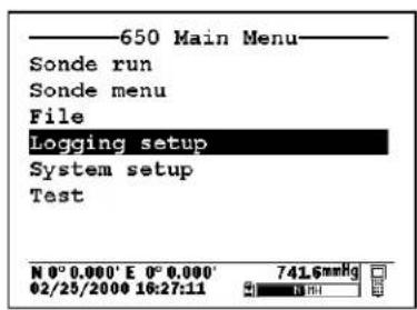 ——650 Main Menu—— Sonde run Sonde menu File Logging setup System setup Test N 0° 0.000' E 0° 0.000' 02/25/2000 16:27:11 741.6mmHg