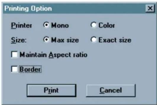 Printing Option Printer ○ Mono ○ Color Size: ○ Max size ○ Exact size □ Maintain Aspect ratio □ Border Print Cancel