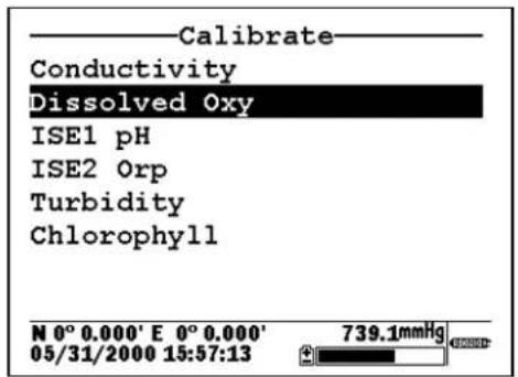 Calibrate Conductivity Dissolved Oxy ISE1 pH ISE2 Orp Turbidity Chlorophyll N 0° 0.000' E 0° 0.000' 05/31/2000 15:57:13 739.1mmHg
