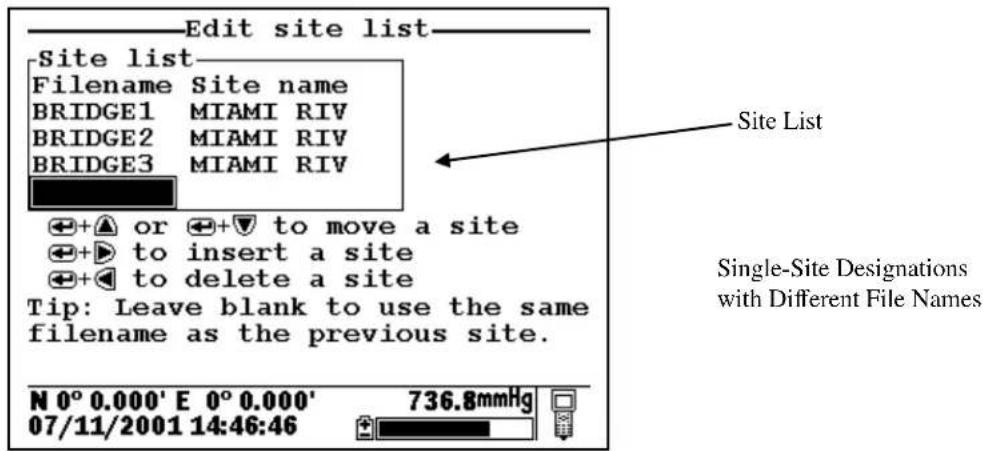 Edit site list Site list Filename Site name BRIDGE1 MIAMI RIV BRIDGE2 MIAMI RIV BRIDGE3 MIAMI RIV or to move a site to insert a site to delete a site Tip: Leave blank to use the same filename as the previous site. Site List Single-Site Designations with Different File Names N 0° 0.000' E 0° 0.000' 07/11/2001 14:46:46 736.8mmHg