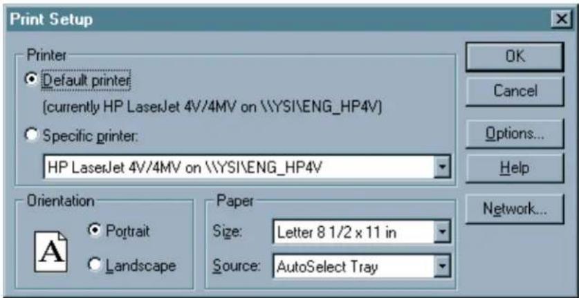 Print Setup Printer Default printer (currently HP LaserJet 4V/4MV on \\YSI\ENG_HP4V) Specific printer: HP LaserJet 4V/4MV on \\YSI\ENG_HP4V Orientation Portrait Landscape Paper Size: Letter 8 1/2 x 11 in Source: AutoSelect Tray OK Cancel Options... Help Network...
