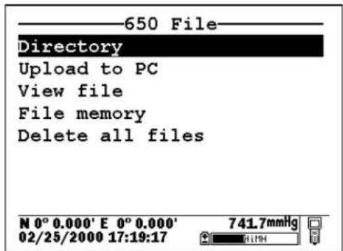 650 File Directory Upload to PC View file File memory Delete all files N 0° 0.000' E 0° 0.000' 02/25/2000 17:19:17 741.7mmHg