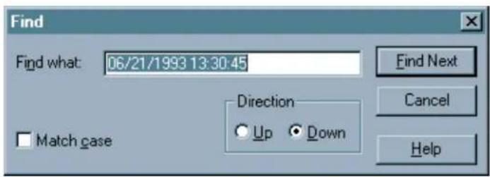 Find Find what: 06/21/1993 13:30:45 Direction Up Down Match case Find Next Cancel Help