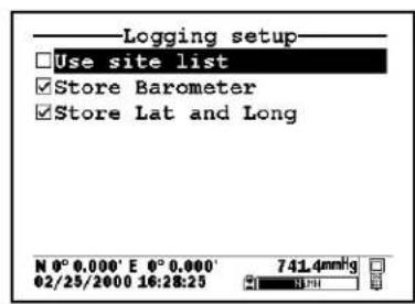 Logging setup Use site list Store Barometer Store Lat and Long N 0° 0.000' E 0° 0.000' 02/25/2000 16:28:25 741.4mmHg N PH
