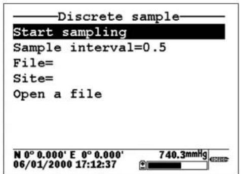 Discrete sample Start sampling Sample interval=0.5 File= Site= Open a file N 0° 0.000' E 0° 0.000' 06/01/2000 17:12:37 740.3mmHg