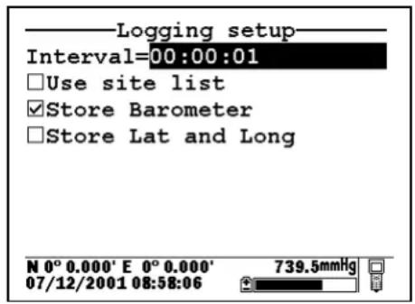 Logging setup Interval=00:00:01 □Use site list ✓Store Barometer □Store Lat and Long N 0° 0.000' E 0° 0.000' 07/12/2001 08:58:06 739.5mmHg