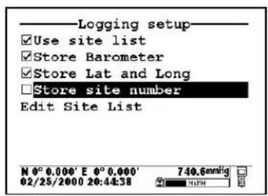 Logging setup ✓Use site list ✓Store Barometer ✓Store Lat and Long □Store site number Edit Site List N 0° 0.000' E 0° 0.000' 02/25/2000 20:44:38 740.6mmHg N1M