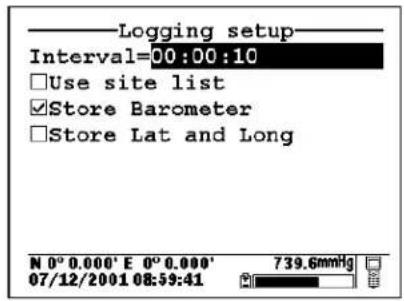 Logging setup Interval=00:00:10 Use site list Store Barometer Store Lat and Long N 0° 0.000' E 0° 0.000' 739.6mmHg 07/12/2001 08:59:41