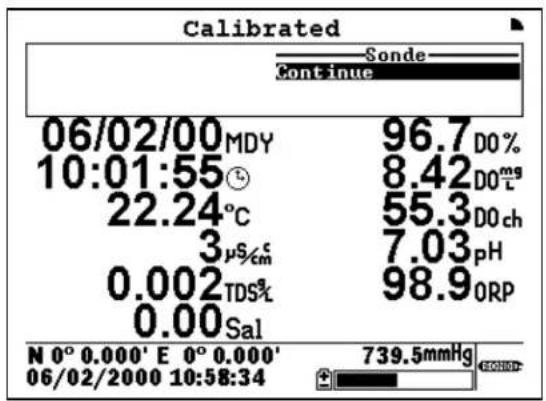 Calibrated Sonde Continue 06/02/00 MDY 96.7 DO % 10:01:55 ① 8.42 DO mg 22.24°C 55.3 DO ch 3 μS cm 7.03 pH 0.002 TDS% 98.9 ORP 0.00 Sal N 0° 0.000' E 0° 0.000' 06/02/2000 10:58:34 739.5mmHg