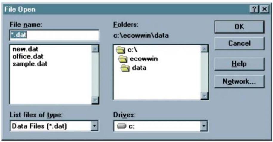 File Open File name: *.dat new.dat office.dat sample.dat Folders: c:\ecowwin\data c:\ ecowwin data List files of type: Data Files (*.dat) Drives: c: