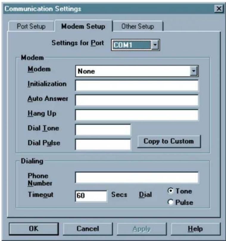 Communication Settings Port Setup Modem Setup Other Setup Settings for Port COM1 Modem Modem None Initialization Auto Answer Hang Up Dial Tone Dial Pulse Copy to Custom Dialing Phone Number Timeout 60 Secs Dial Tone Pulse OK Cancel Apply Help