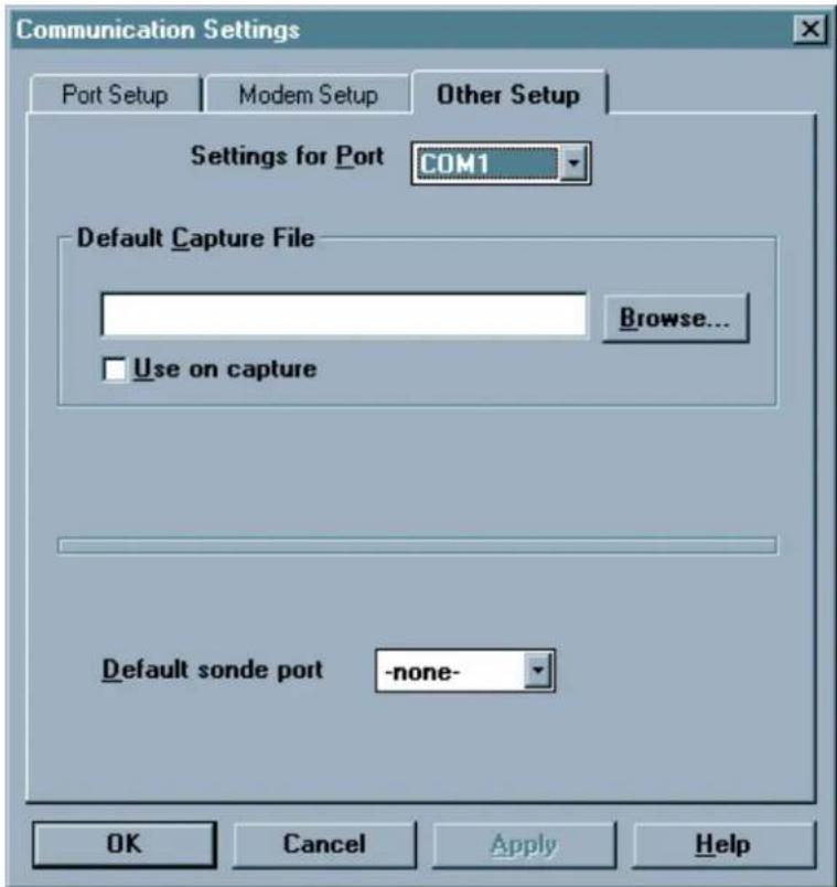 Communication Settings Port Setup Modem Setup Other Setup Settings for Port COM1 Default Capture File Browse... Use on capture Default sonde port -none- OK Cancel Apply Help