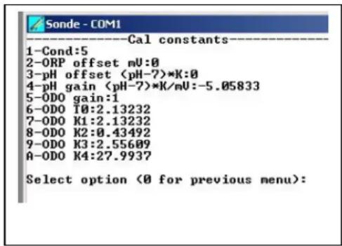Sonde - COM1 ----Cal constants---- 1-Cond:5 2-ORP offset mV:0 3-pH offset (pH-7)*K:0 4-pH gain (pH-7)*K/mV:-5.05833 5-ODO gain:1 6-ODO T0:2.13232 7-ODO K1:2.13232 8-ODO K2:0.43492 9-ODO K3:2.55609 A-ODO K4:27.9937 Select option (0 for previous menu):
