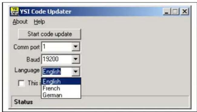 YSI Code Updater About Help Start code update Comm port 1 Baud 19200 Language English This English French German Status