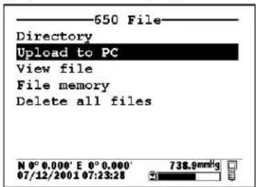 650 File Directory Upload to PC View file File memory Delete all files N 0° 0.000' E 0° 0.000' 07/12/2001 07:23:28 738.9mmHg
