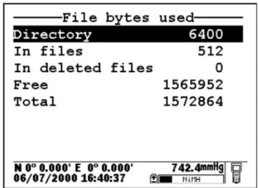File bytes used Directory 6400 In files 512 In deleted files 0 Free 1565952 Total 1572864 N 0° 0.000' E 0° 0.000' 742.4mmHg 06/07/2000 16:40:37 NINH