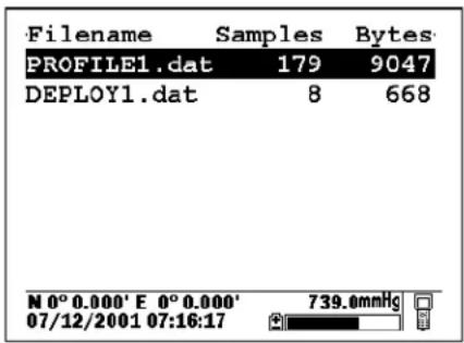 Filename Samples Bytes PROFILE1.dat 179 9047 DEPLOY1.dat 8 668 N 0° 0.000' E 0° 0.000' 739.0mmHg 07/12/2001 07:16:17