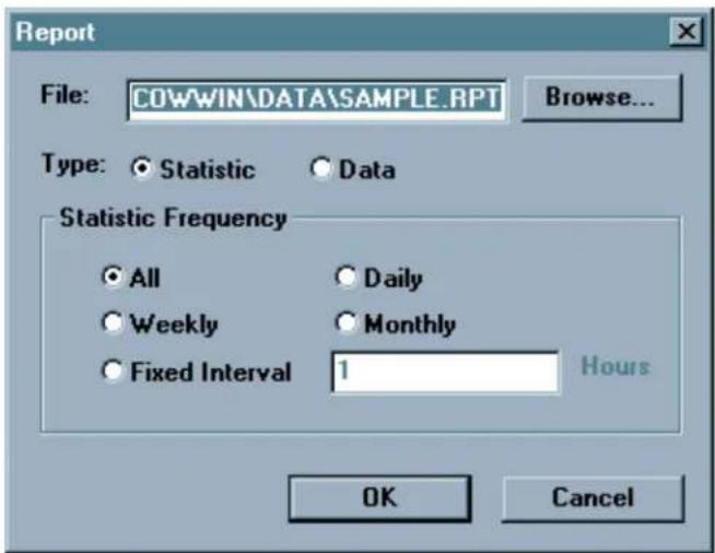 Report File: COWWIN\DATA\SAMPLE.RPT Browse... Type: ● Statistic ○ Data Statistic Frequency ● All ○ Daily ○ Weekly ○ Monthly ○ Fixed Interval 1 Hours OK Cancel