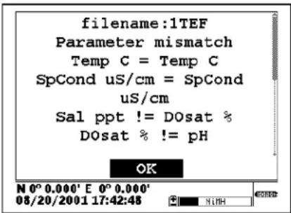 filename:1TEF Parameter mismatch Temp C = Temp C SpCond uS/cm = SpCond uS/cm Sal ppt != DOsat % DOsat % != pH OK N 0° 0.000' E 0° 0.000' 08/20/2001 17:42:48