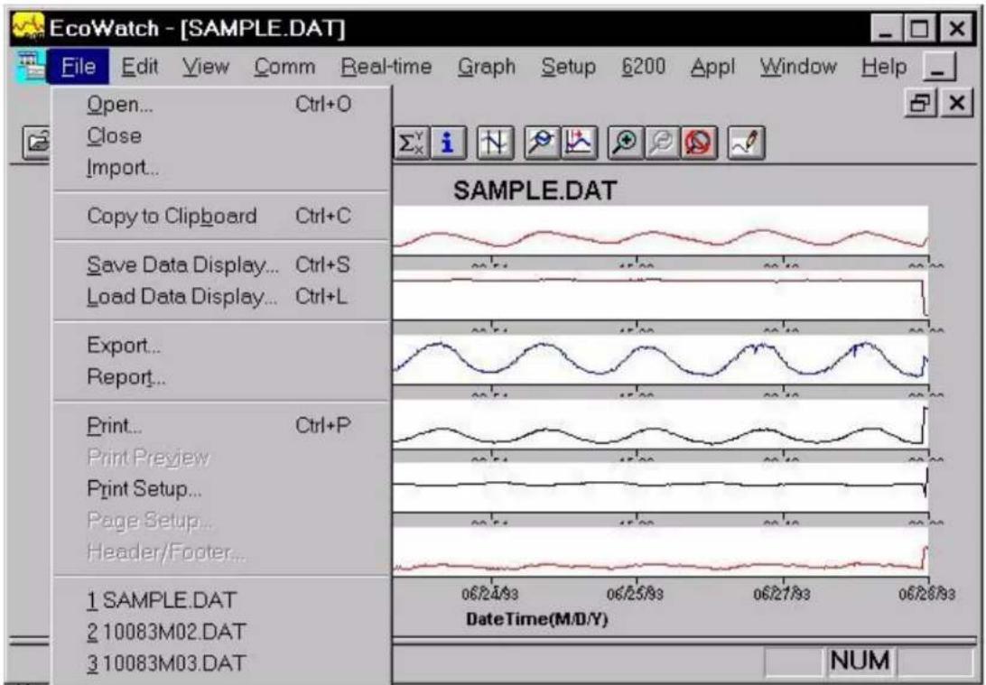 EcoWatch - [SAMPLE.DAT] File Edit View Comm Real-time Graph Setup 6200 Appl Window Help Open... Ctrl+O Close Import... Copy to Clipboard Ctrl+C Save Data Display... Ctrl+S Load Data Display... Ctrl+L Export... Report... Print... Ctrl+P Print Preview Print Setup... Page Setup... Header/Footer... 1 SAMPLE.DAT 2 10083M02.DAT 3 10083M03.DAT SAMPLE.DAT 06/24/93 06/25/93 06/27/93 06/28/93 DateTime(M/D/Y) NUM