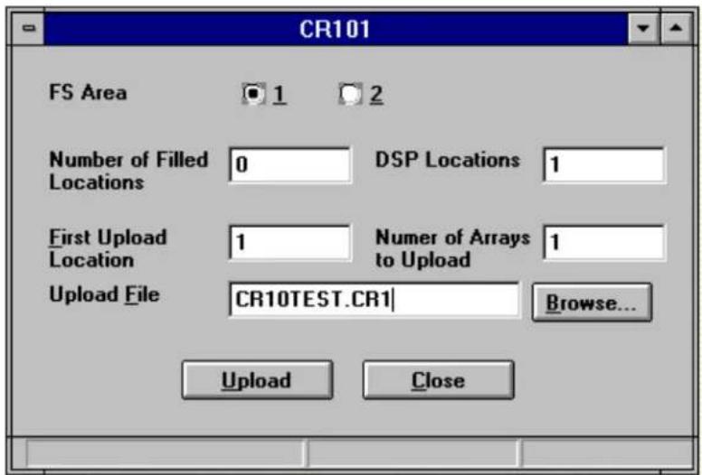 CR101 FS Area 1 2 Number of Filled Locations 0 DSP Locations 1 First Upload Location 1 Numer of Arrays to Upload 1 Upload File CR10TEST.CR1 Browse... Upload Close