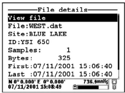 File details View file File:WEST.dat Site:BLUE LAKE ID:YSI 650 Samples: 1 Bytes: 325 First:07/11/2001 15:06:40 Last :07/11/2001 15:06:40 N 0° 0.000' E 0° 0.000' 736.9mmHg 07/11/2001 15:08:49