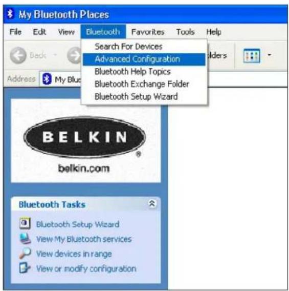 My Bluetooth Places File Edit View Bluetooth Favorites Tools Help Back Address My Blue Search For Devices Advanced Configuration Bluetooth Help Topics Bluetooth Exchange Folder Bluetooth Setup Wizard BELKIN belkin.com Bluetooth Tasks Bluetooth Setup Wizard View My Bluetooth services View devices in range View or modify configuration