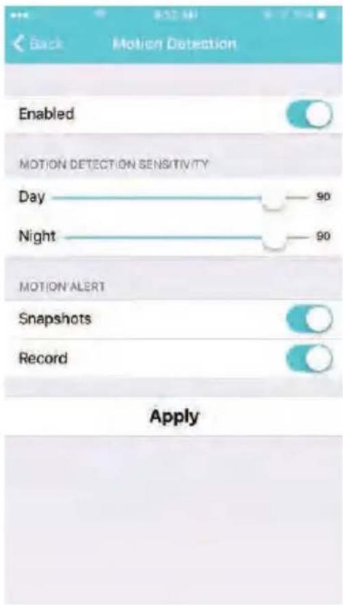 Back Motion Detection Enabled MOTION DETECTION SENSITIVITY Day — 90 Night — 90 MOTION ALERT Snapshots Record Apply