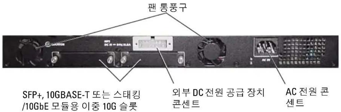 팬 통풍구 SFP+, 10GBASE-T 또는 스태킹 /10GbE 모듈용 이중 10G 슬롯 외부 DC 전원 공급 장치 콘센트 AC 전원 콘 센트