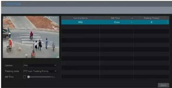 Camera Rank Sat Time Holding Time IPG2 Close 0 Camera IPG2 Tracking mode PTZ Auto Tracking Priority Still Time Apply