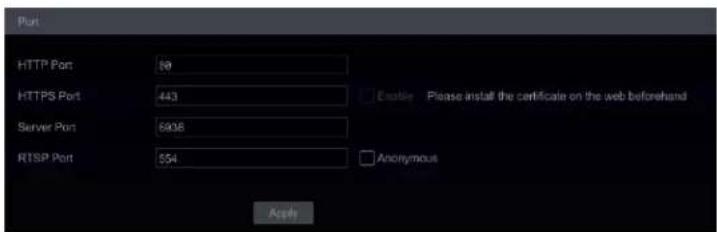 Port HTTP Port 89 HTTPS Port 443 Server Port 6906 RTSP Port 554 Enable Please install the certificate on the web beforehand Anonymous Apply